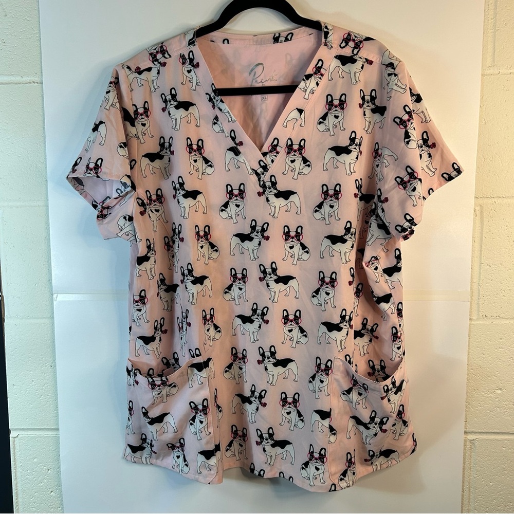 Pink French Bulldog Print Scrub Top